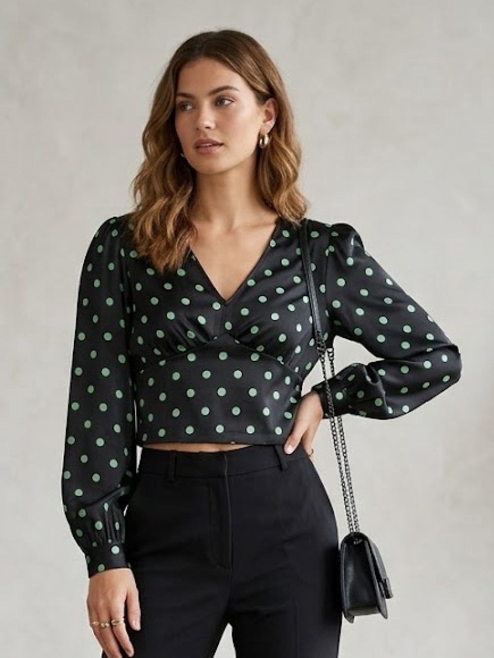 Vero Moda Black Long Sleeve Cropped Blouse, green polka dots, size medium